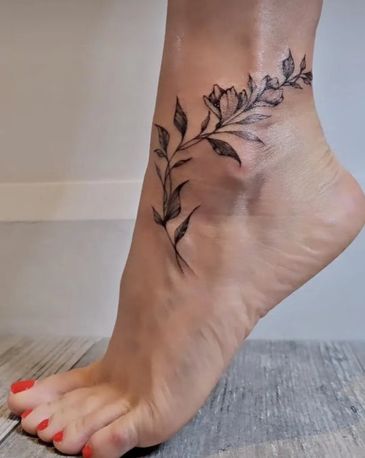 Medium FineLine FlowersAndLeaves on Women Ankle Tattoo by @houseofglamourtralee