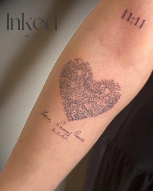 Medium FineLine HeartNumbers on Women Arm Tattoo by @inked_byjaz_