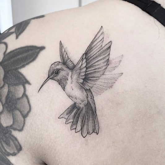 Medium FineLine Hummingbird and Peonies on Women Shoulder Tattoo by @seawitchtattoos