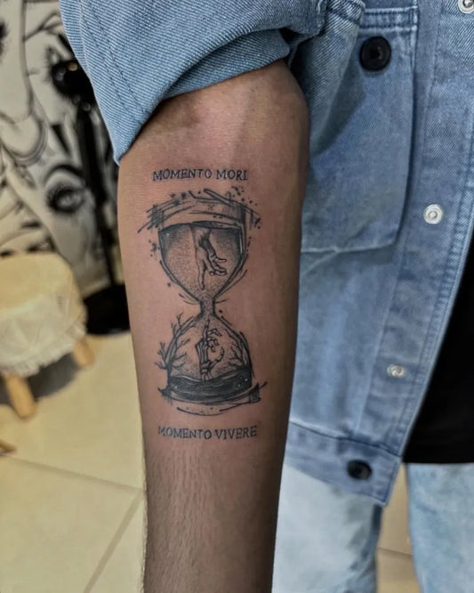 Medium FineLine MementoMoriHourglassSkateboard on Men Arm Tattoo by @sabrinaslivingink