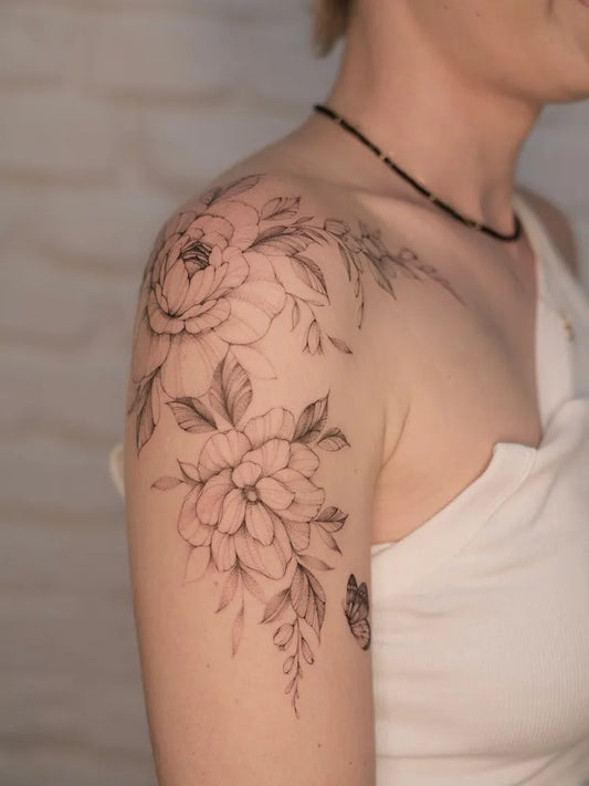 Medium FineLine Peony and Leaves on Women Shoulder Tattoo by @terryemi