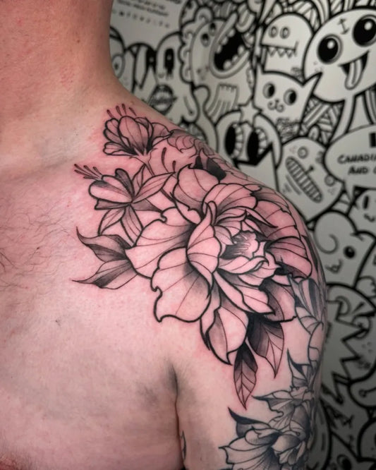 Medium FineLine PeonyFlowers on Men Shoulder Tattoo by @denninks