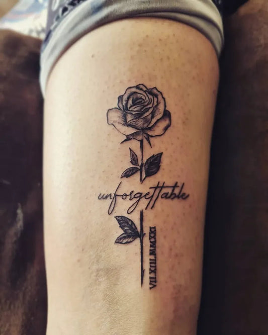 Medium FineLine Rose Unforgettable Velveteen on Women Thigh Tattoo by @shaheen.maharaj