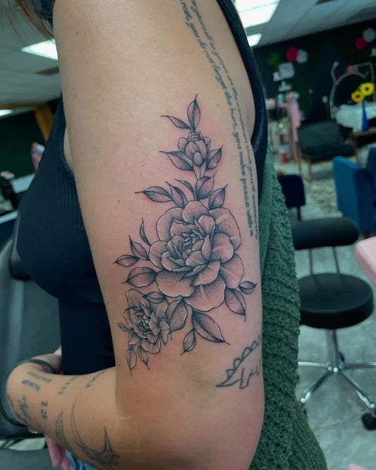 Medium FineLine RoseFloralBranch on Women Arm Tattoo by @inkedbyslice