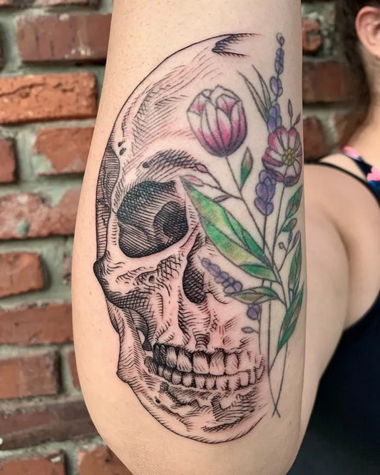 Medium FineLine Skull Flowers on Women Arm Tattoo by @inkingold