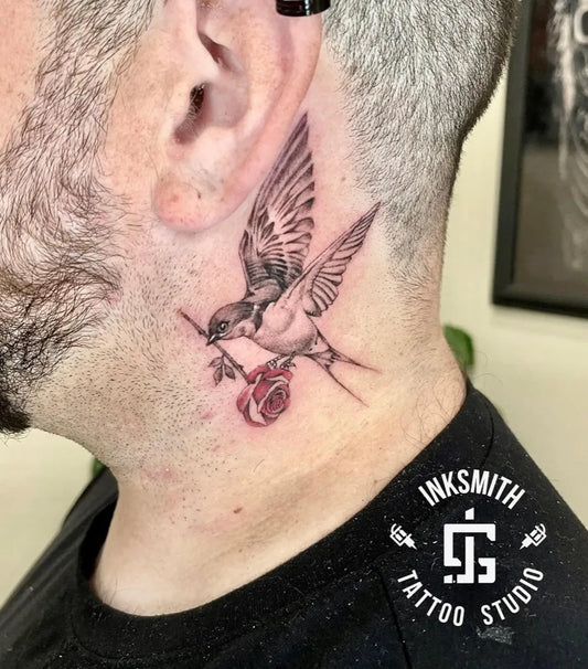 Medium FineLine Swallow Rose Branch on Men Neck Tattoo by @inksmithtattoobda