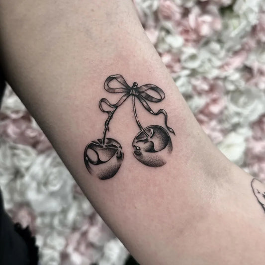 Medium FineLine TwoCherriesWithRibbon on Women Arm Tattoo by @yattedbymaddy