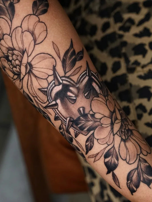 Medium Floral Blackwork Heart and Flowers on Women Arm Tattoo by @tifflai.tattoos