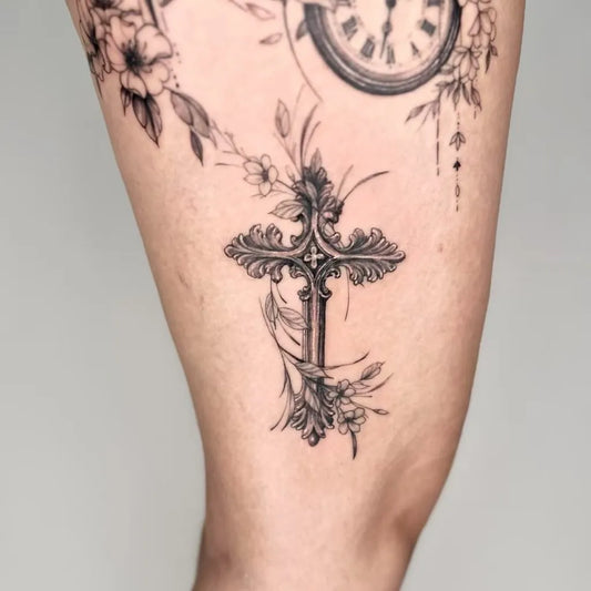 Medium Floral Cross Clock Flowers on Women Thigh Tattoo by @antstattoo_danny