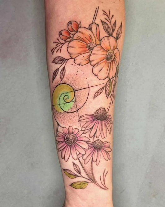 Medium Floral Flowers and Fibonacci Nature Tattoo on Women Arm by @rawhidetattoostudio