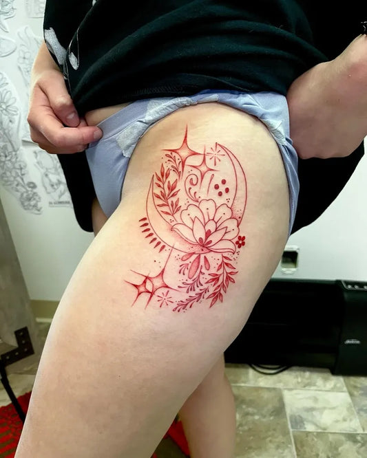 Medium Floral Linework Moon and Flower Tattoo on Women Hip by @blackthorne.ink