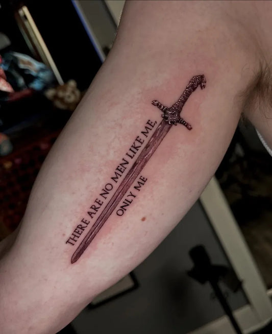 Medium Game of Thrones Sword with Text on Men Arm Tattoo by @rachelrushtattoos