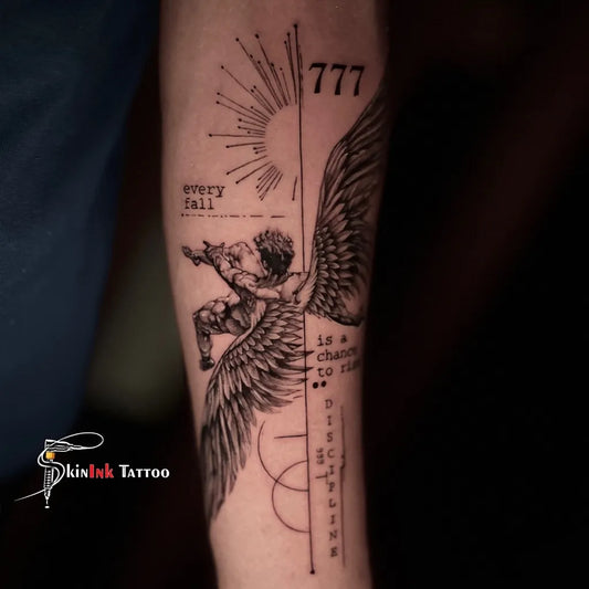 Medium Geometric Angel with Wings and 777 Tattoo on Men Arm by @skinink_tattoo_bangalore