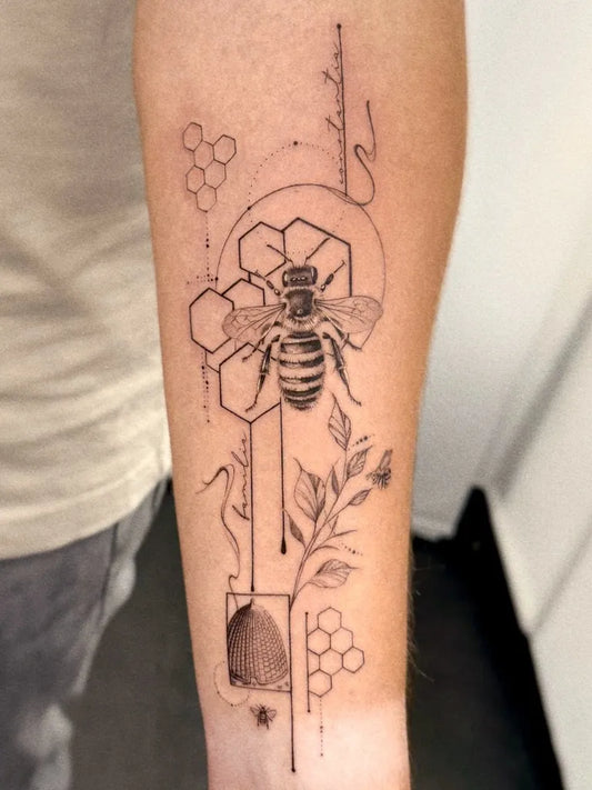 Medium Geometric Bee and Honeycomb on Women Arm Tattoo by @ak.tats