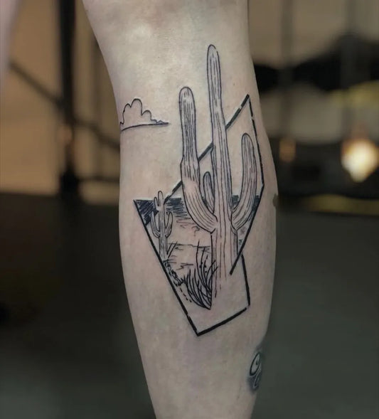 Medium Geometric Black and Grey Cactus Landscape Tattoo on Women Leg by @wilcotattoo