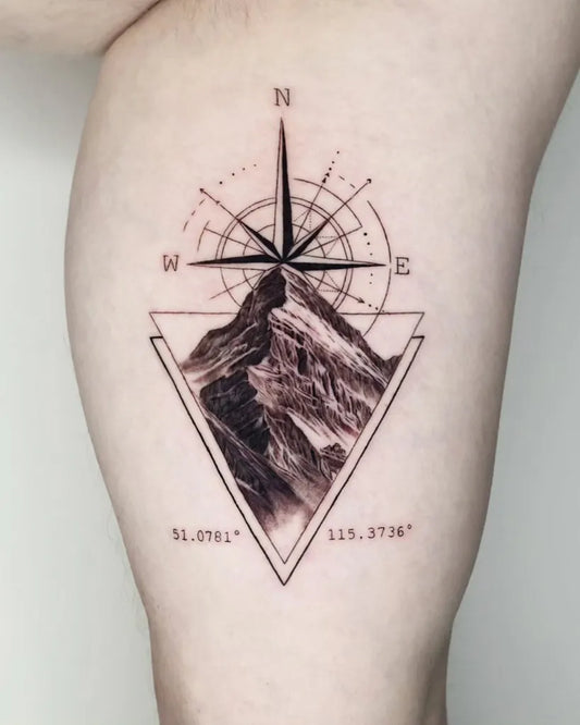 Medium Geometric Black and Grey Mountain Compass Tattoo on Women Thigh by @ejintatt
