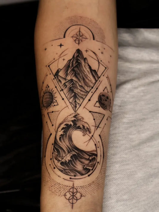 Medium Geometric Black and Grey Mountain Compass Wave Tattoo on Men Arm by @elbo.inkk