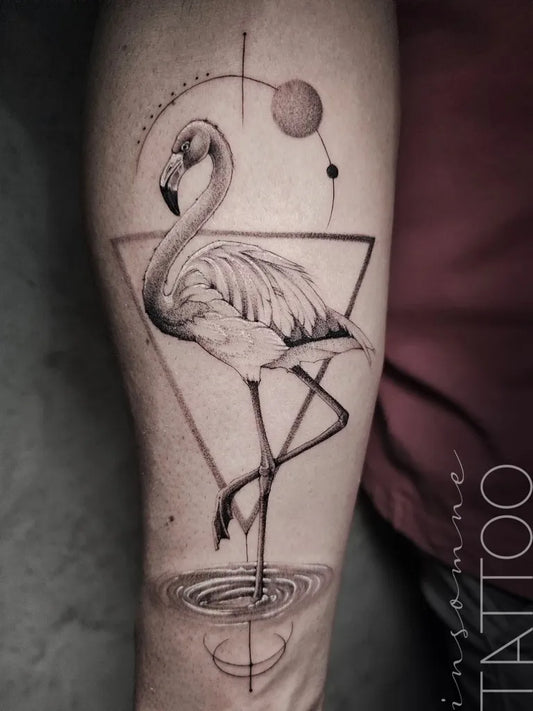 Medium Geometric Blackwork Flamingo Triangle Tattoo on Men Arm by @insomne_tattoo