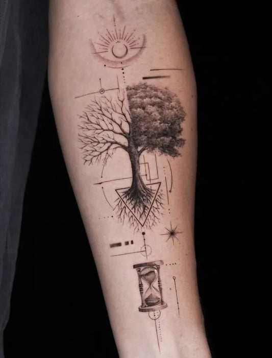 Medium Geometric Blackwork Tree and Hourglass Tattoo on Men Arm by @moowoa