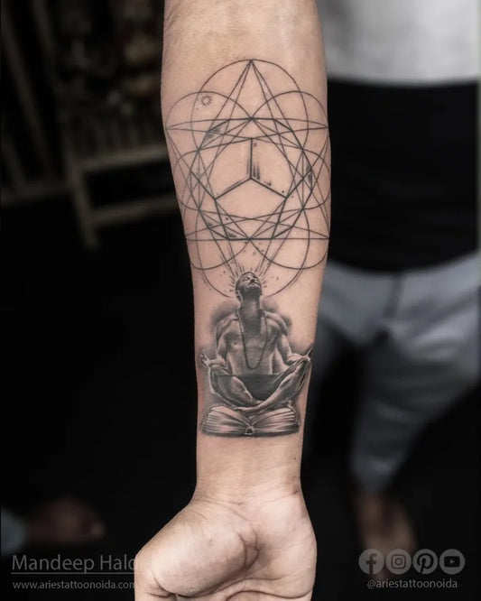Medium Geometric Buddha Mercedes on Men Arm Tattoo by @ariestattoonoida
