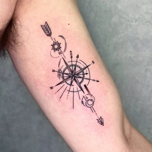 Medium Geometric Compass Arrow Moon on Men Arm Tattoo by @mako.tattoo_tokyo