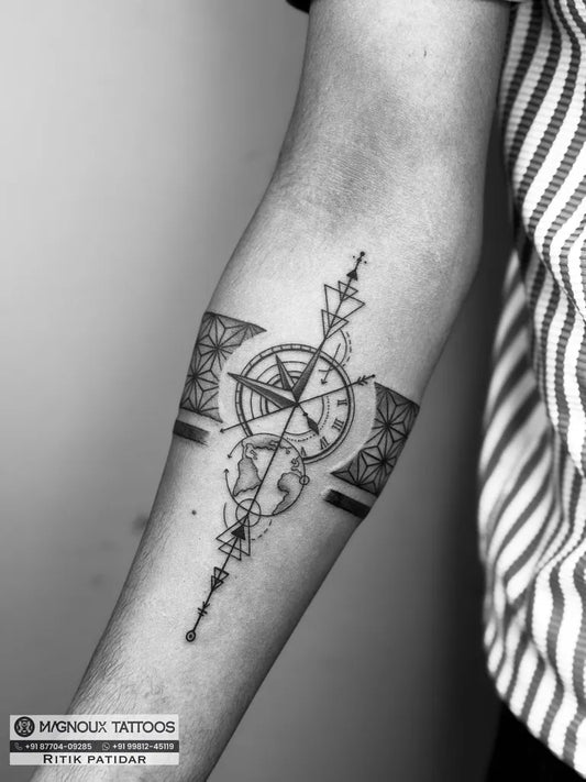 Medium Geometric Compass on Men Arm Tattoo by @magnouxtattooz