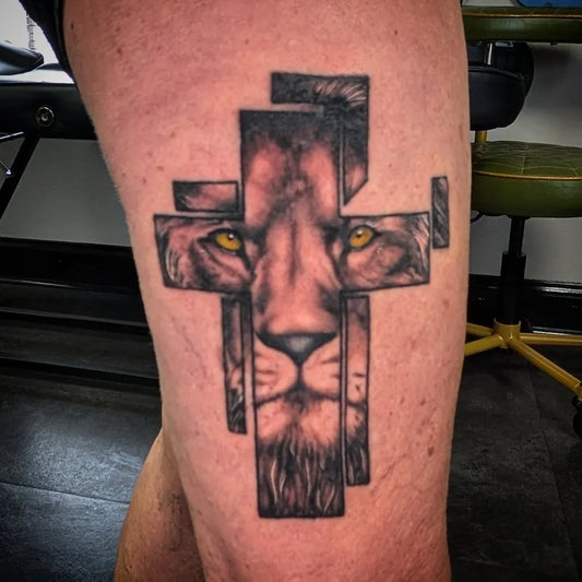 Medium Geometric Cross Lion on Men Thigh Tattoo by @estcoast