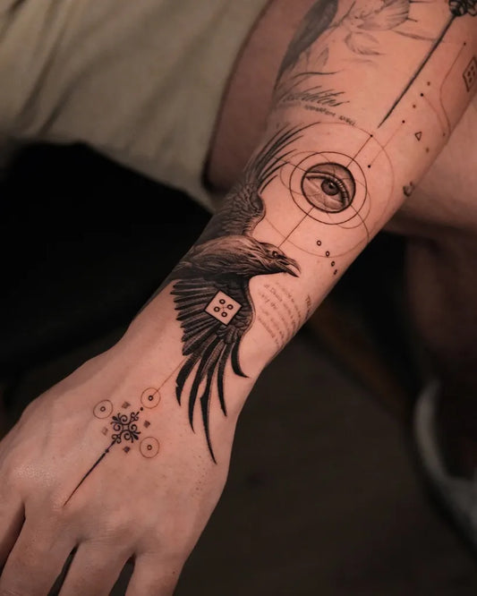 Medium Geometric Crow Eye Dotwork Tattoo on Men Forearm by @hmms.tat