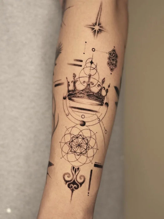 Medium Geometric Crown Mandala Stars Tattoo on Men Arm by @moowoai_tt