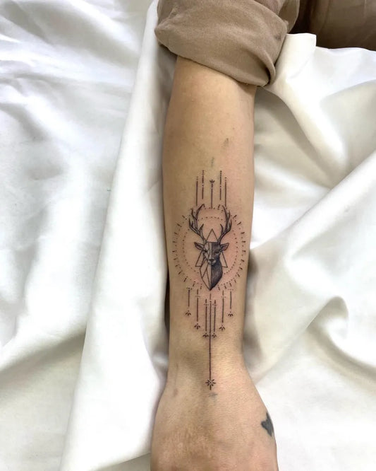 Medium Geometric Deer Tattoo on Women Arm by @mehmet.ink