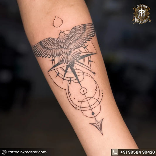 Medium Geometric Eagle Compass on Women Arm Tattoo by @tattooinkmaster27