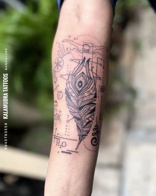 Medium Geometric Feather and Geometric Tattoo on Men Arm by @kalamudratattoos