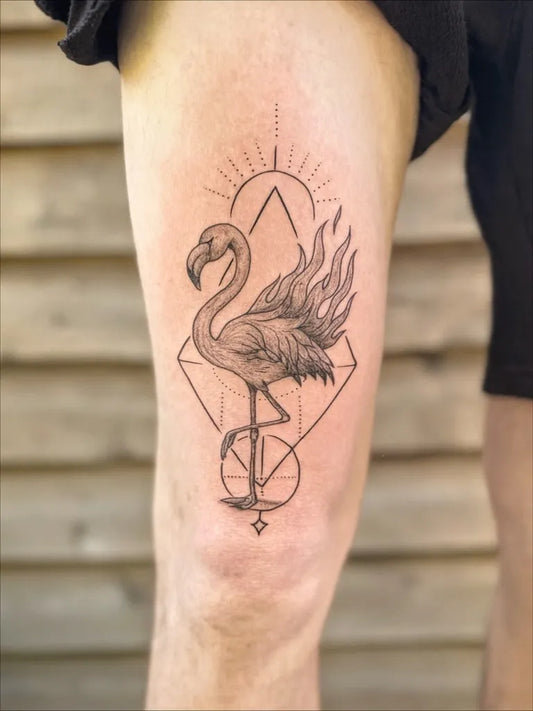 Medium Geometric Flamingo Tattoo on Men Thigh by @inbar.tattoos