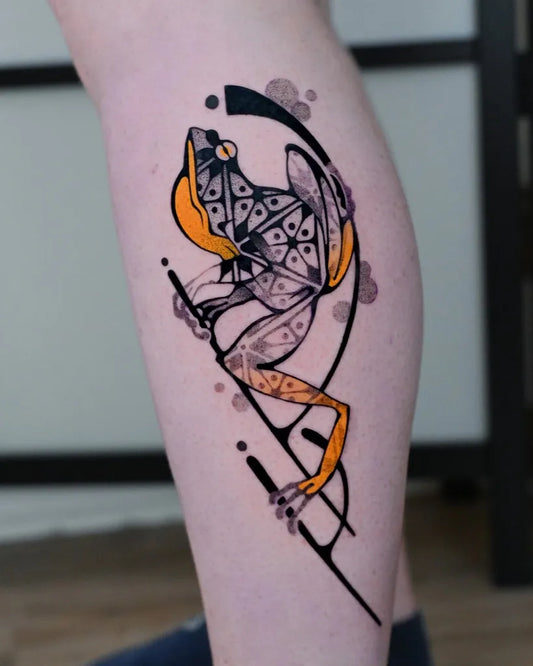 Medium Geometric Frog Tattoo on Women Calf by @maxmurphytattoo