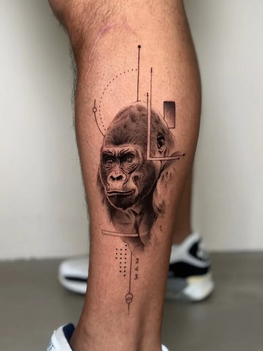 Medium Geometric Gorilla Tattoo on Men Leg by @tattooomanoo