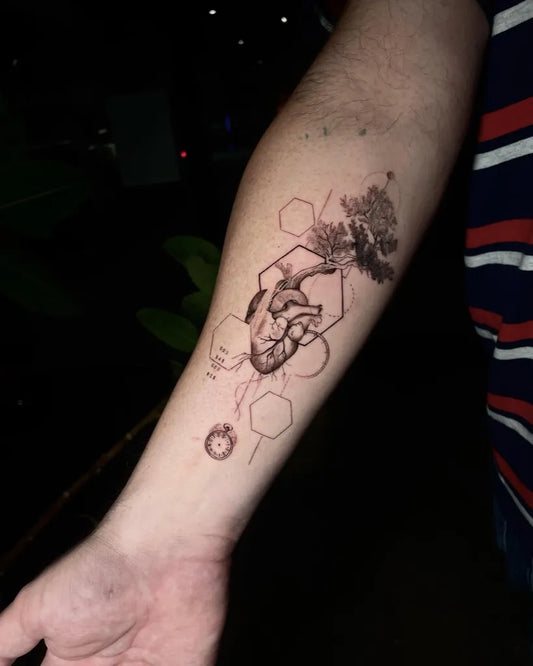 Medium Geometric Heart Tree on Men Arm Tattoo by @drawnbyjvck