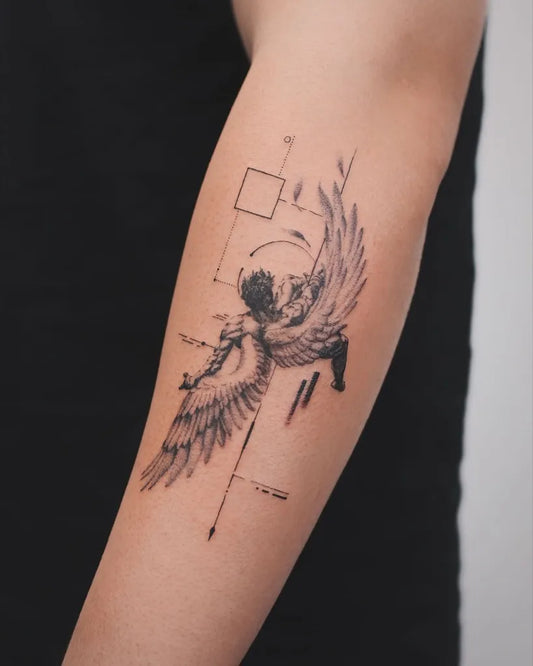 Medium Geometric Icarus with Wings on Men Arm Tattoo by @baronart_alan
