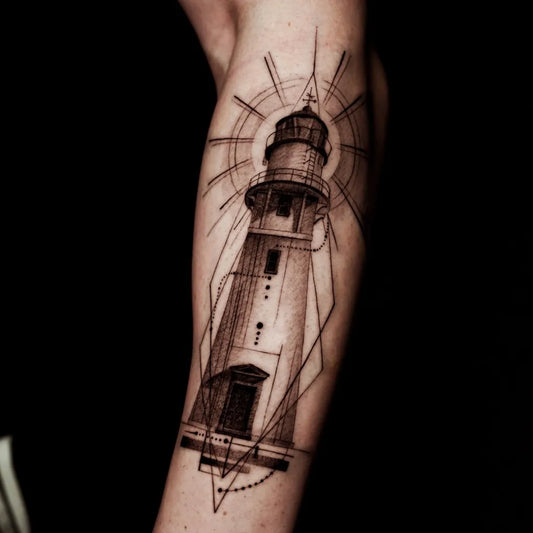 Medium Geometric Lighthouse Tattoo on Men Arm by @chrisxutattoo