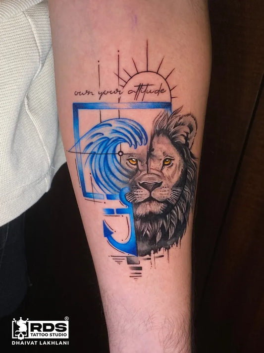 Medium Geometric Lion Blue Waves Frame on Men Arm Tattoo by @rdstattoostudio