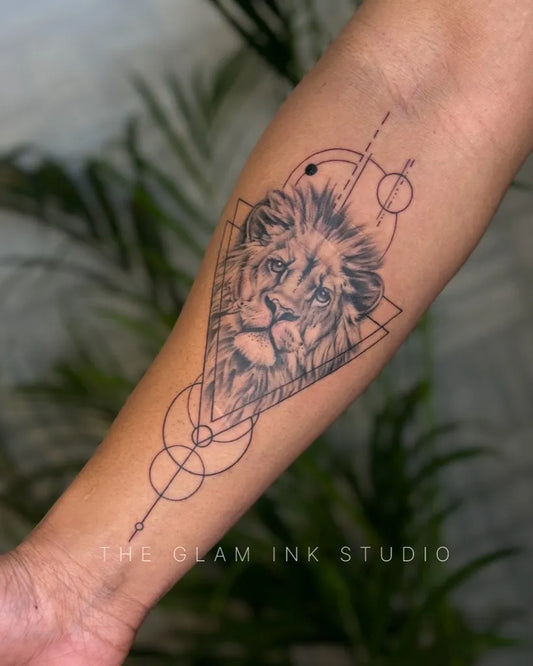 Medium Geometric Lion Geometric Frame on Men Arm Tattoo by @the_glam_ink_studio