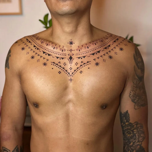 Medium Geometric Mandala Tattoo on Men Collarbone by @jadejay.ink