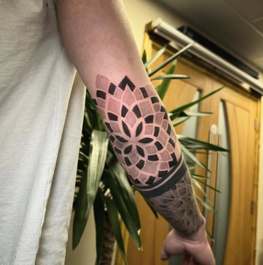 Medium Geometric Mandala Tattoo on Men Elbow by @speedyink_tattoos