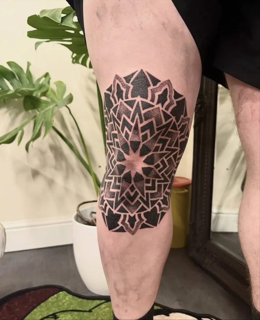 Medium Geometric Mandala Tattoo on Men Knee by @thedotworker