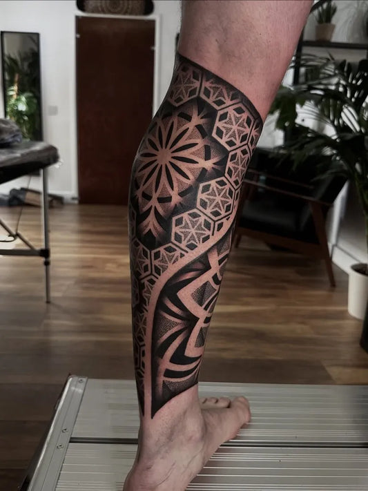 Medium Geometric Mandala Tattoo on Men Leg by @domjoeltattoo