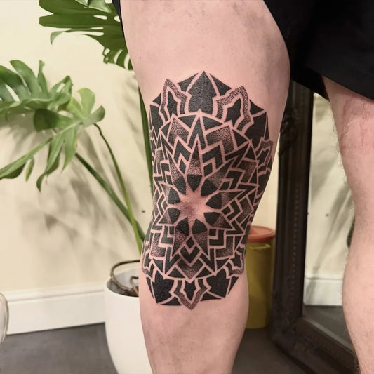 Medium Geometric Mandala Tattoo on Men Thigh by @thedotworker