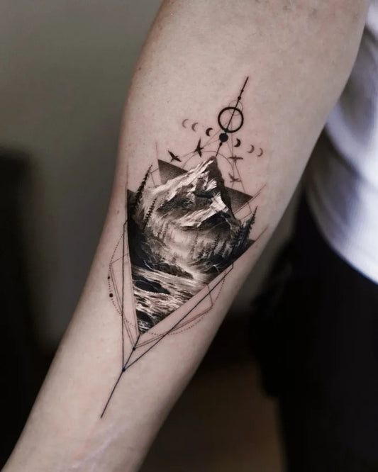 Medium Geometric Mountain Birds Moon Tattoo on Men Arm by @tattooist_bae