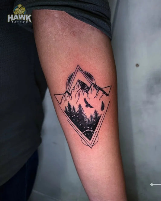 Medium Geometric Mountain Birds Tattoo on Men Arm by @hawktattooofficial