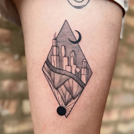 Medium Geometric Mountain Cityscape Tattoo on Women Thigh by @ianreynold