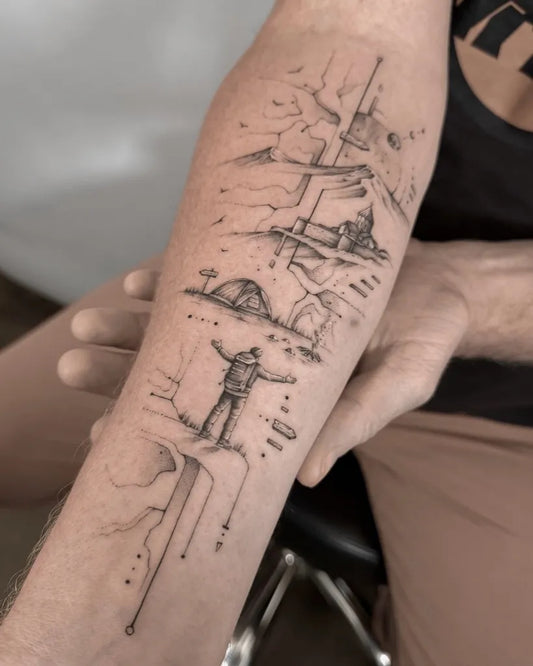 Medium Geometric Mountain Climber Tent Circuit Board Tattoo on Men Arm by @judz.ttt