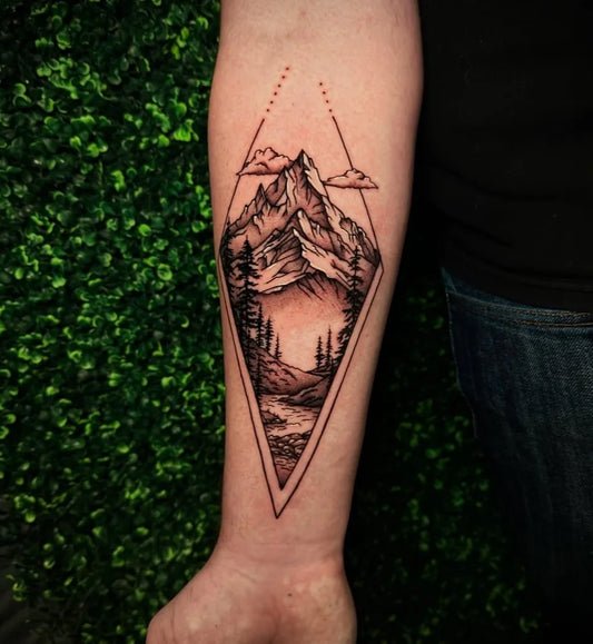 Medium Geometric Mountain Landscape Tattoo on Men Arm by @matt_the_w